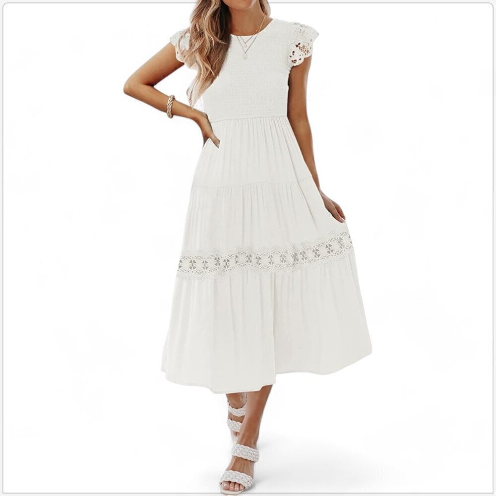 Zesica Long White Smocked Bodice Tiered Skirt Lace Trim Midi Dress NWT NEW XL